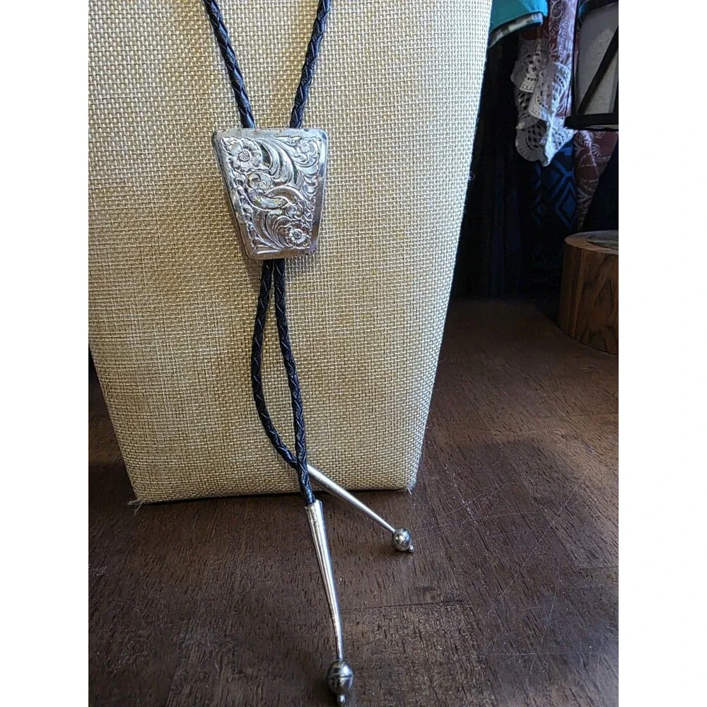 Vintage Navajo Gibson Gene Sterling Silver Western Overlay Bolo Tie